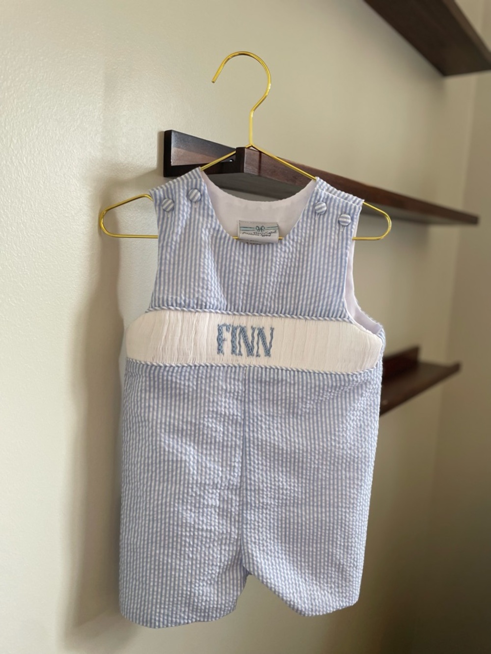 Boys Custom Hand Smocked Blue & White Seersucker Jon Jon - FINN